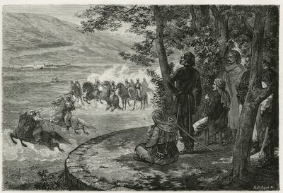 A corrida do djerid, o cavaleiro começou segurando uma vara curta que representava tanto a lança quanto a espingarda; ele a ramificou acima da cabeça antes de jogá-la fora, gravada por F.Regamey, para ilustrar a história Les Ansaries, de Leon Cahun, um cha de Felix Elie Regamey
