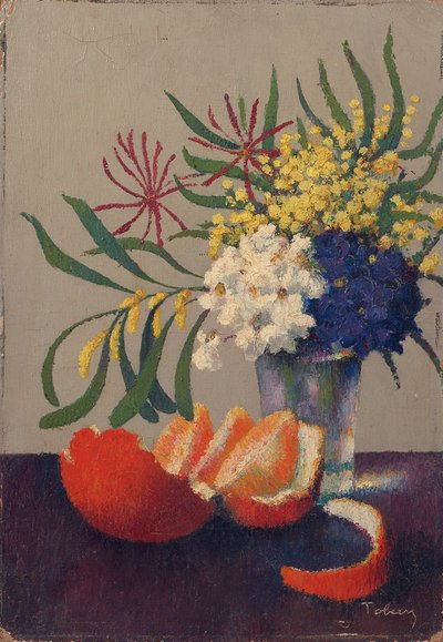 Natureza morta com flores e uma laranja (óleo sobre papelão) de Felix Elie Tobeen