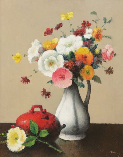 Vaso branco e caixa vermelha (óleo sobre tela) de Felix Elie Tobeen