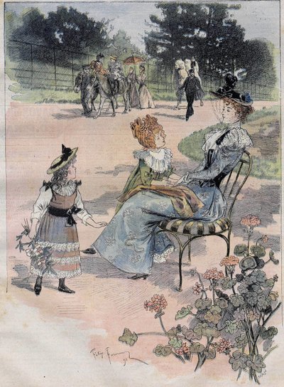 A caminhada das crianças para o jardim de aclimatação em Paris, em 1892. Gravando a aquerelle founery. de Felix Fournery