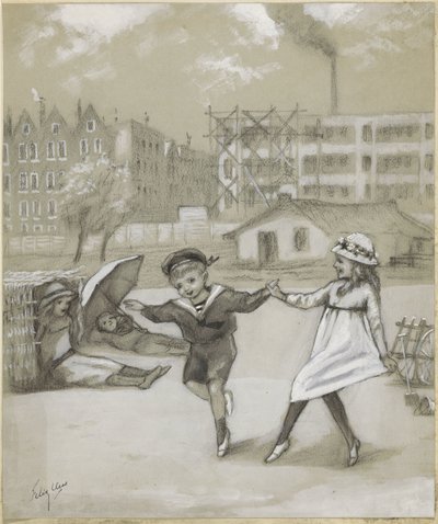 Dançar menino e menina num parque ou parque infantil da cidade de Felix Hess (signed by artist)