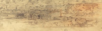 Estuário com um porto fortificado à esquerda e penhascos à direita de Felix Hilaire Buhot
