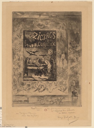 Frontispício para "Zigzags of a Curious, de Octave Uzanne" de Felix Hilaire Buhot