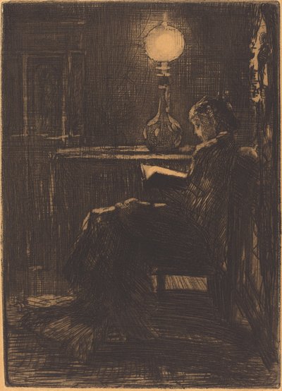 Leitor de Lâmpada (Mulher Lendo à Luz de Lâmpada) de Felix Hilaire Buhot