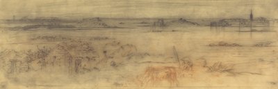 Seascape com uma cidade fortificada à direita, ilhas à esquerda e uma casa de campo em primeiro plano de Felix Hilaire Buhot
