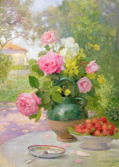 Natureza morta de rosas e morangos de Felix Hippolyte-Lucas