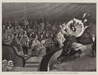 O avanço da civilização ocidental, um circo itinerante europeu em Hong Kong, China de Felix Hippolyte Lucas