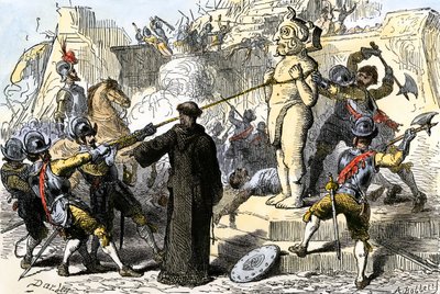 Padres espanhóis a destruir os ídolos aztecas do México. Século XIX (gravura a cores) de Felix Octavius Carr Darley
