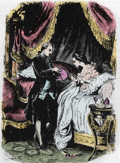 O licor da rainha inspira a caixa do colar. Desenho de Felix Philippoteaux (1815-1884) para o "Colar da Rainha" de Alexandre Dumas. de Felix Philippoteaux