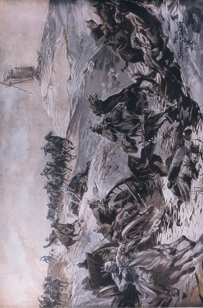 Da frente oriental: Artilharia em trânsito sob fogo inimigo, ilustração de Hindenburg publicada pela Daterlandischer Derlag C U Weller Berlin de Felix Schwormstadt