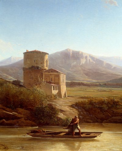 Um pescador nas margens do Tibre na Itália Detalhe. Pintura de Felix Thomas (1815-1875) 1864 Nantes, Musee des Beaux Arts de Felix Thomas