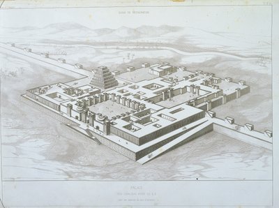 Palácio Khorsabad, vista histórica do sudeste com parte das muralhas fortificadas, ilustração de 