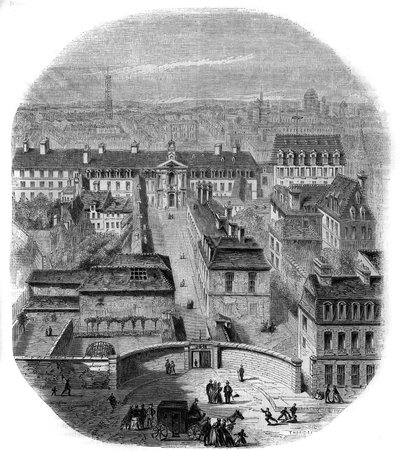 Vista da fábrica de tapeçaria Gobelins em Paris, com o convento dos Capuchinhos, o Observatório e o castelo da rainha Blanche. Gravura de Thorigny de Felix Thorigny