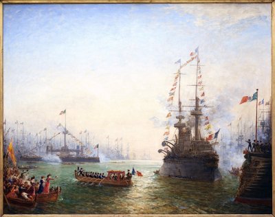 Toulon, visita do Presidente Emile Loubet (1838-1929) às asas francesa e italiana em abril de 1901. Pintura por Felix Ziem (1821-1911), Óleo Sobre Tela de Félix Ziem