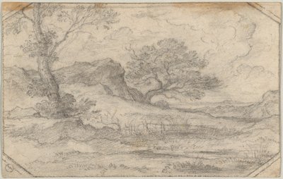 Paisagem ideal com duas árvores e um maciço rochoso de Ferdinand (Johann Heinrich Ferdinand) von Olivier