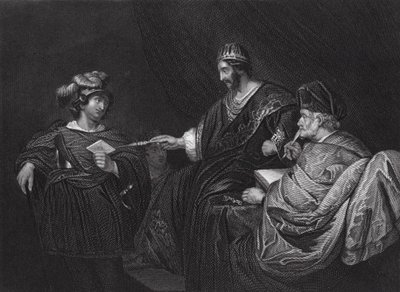 David enviando uma carta a Joab por Urias, II Samuel, cap. XI, v 14 (gravura) de Ferdinand (after) Bol