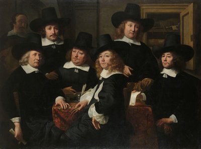 Seis Regentes e o Beadle do Instituto Nieuw Zijds para o Alívio ao Ar Livre dos Pobres, Amsterdã, 1657 de Ferdinand Bol