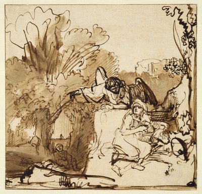 O Anjo Aparecendo a Agar e Ismael (caneta e tinta e lavar no papel) de Ferdinand Bol