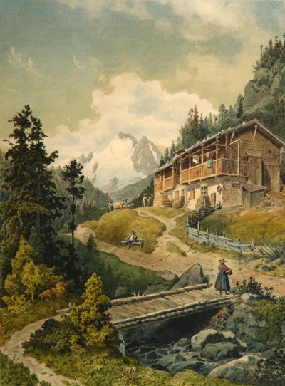 Paisagem alpina com uma ponte de Ferdinand Gatt