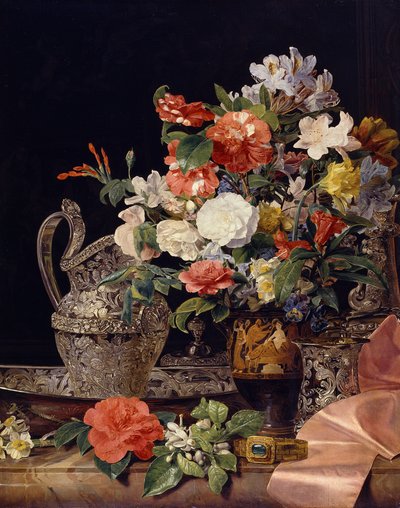 Ramo de flores com recipientes de prata e uma jarra antiga de Ferdinand Georg Waldmüller