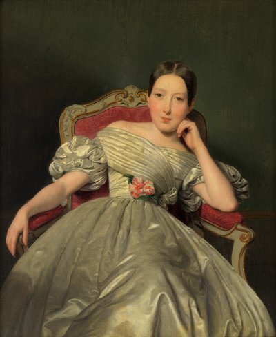 Menina sentada com um vestido branco de atlas de Ferdinand Georg Waldmüller