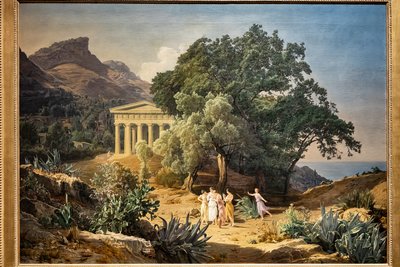 Um templo dórico com Castelmola e Taormina ao fundo de Ferdinand Georg Waldmuller