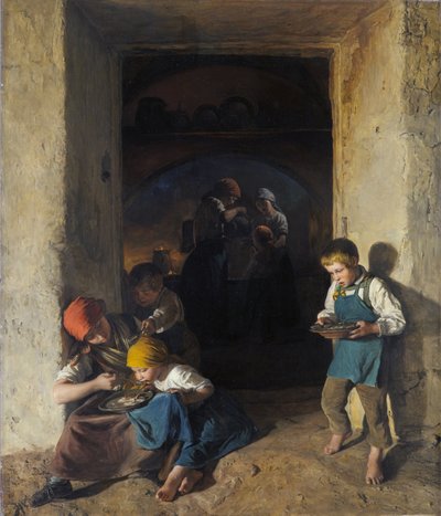 Crianças que recebem o seu pequeno-almoço de Ferdinand Georg Waldmuller
