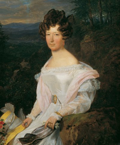 Senhora com um vestido branco em frente a uma paisagem do Bosque de Viena de Ferdinand Georg Waldmuller