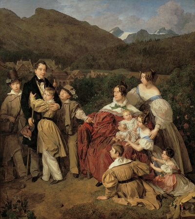 O notário Dr. Josef August Eltz com sua esposa Caroline, née Schaumburg, e seus oito filhos em Ischl de Ferdinand Georg Waldmuller