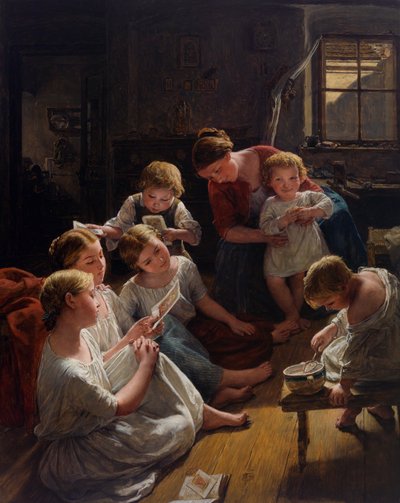 Des enfants, au matin, regardent des images - Crianças de manhã olhando para as imagens, por Waldmueller, Ferdinand Georg (1793-1865). Óleo sobre madeira de Ferdinand Georg Waldmuller