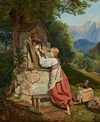 Uma menina adorna a Mãe de Deus com uma rosa de Ferdinand Georg Waldmuller