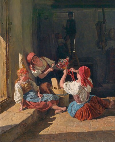 Crianças a decorar um chapéu de recruta. Pintura de Ferdinand Georg Waldmuller (1793-1865), óleo sobre madeira de Ferdinand Georg Waldmuller