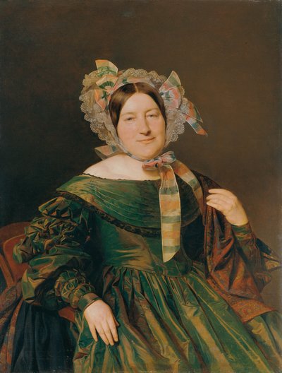 Mulher em um vestido iridescente verde, salmão-vermelho de Ferdinand Georg Waldmuller