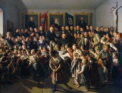 Filhos de pais pobres recebem roupas de inverno da comunidade de Spittelberg em Michaelmas de Ferdinand Georg Waldmuller