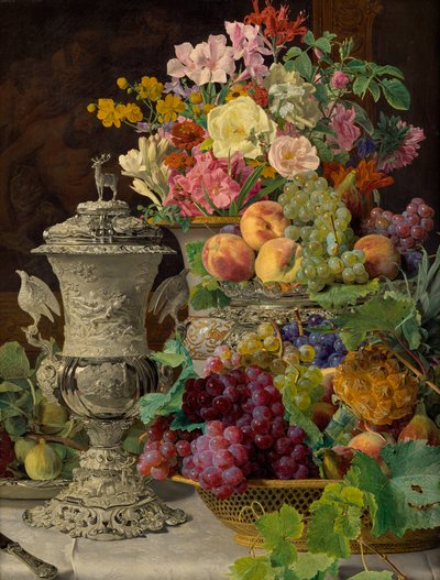 Natureza Morta com Frutos, Flores e Cálice de Prata de Ferdinand Georg Waldmuller