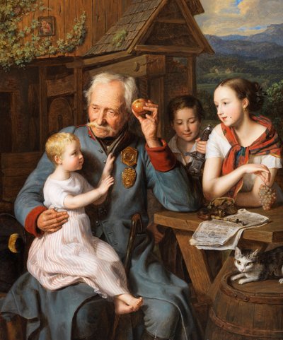 Un vieil invalide avec des enfants - Um velho inválido com crianças, por Waldmueller, Ferdinand Georg (1793-1865). Óleo sobre madeira de Ferdinand Georg Waldmuller