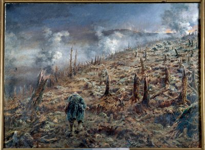 Primeira Guerra Mundial (1914-1918): "A ravina da morte em Verdun" Paisagem de ruínas e cinzas após a batalha. Pintura de Ferdinand Joseph Gueldry (1858-1945) 1916 Paris. Museu das Duas Guerras Mundiais de Ferdinand Joseph Gueldry