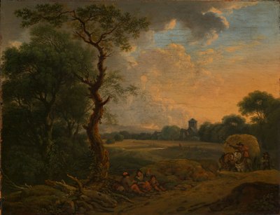 Paisagem ao entardecer com carro de feno de Ferdinand Kobell
