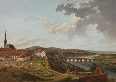 Vista do Castelo de Aschaffenburg sobre as cavalariças e a ponte sobre o Meno (Ciclo de Aschaffenburg) de Ferdinand Kobell