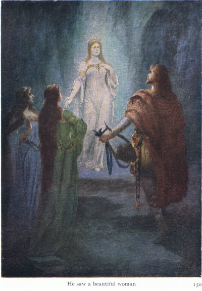 Ele viu uma linda mulher, ilustração do pub The Stories of Wagners Opera. por George Harrap & Co Ltd 1932 de Ferdinand Lecke