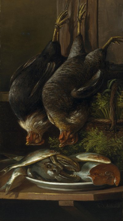 Natureza morta com galinhas e peixes de Ferdinand Richardt