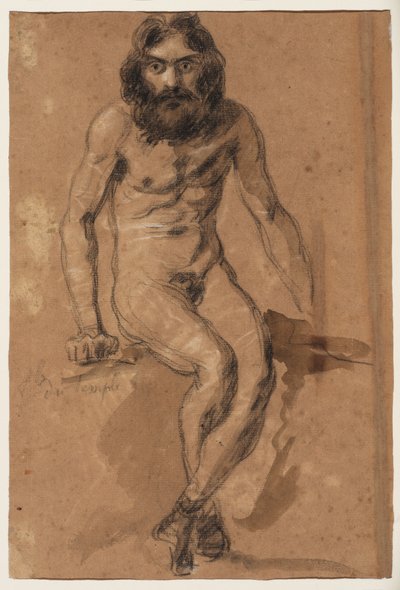 Cavalos a correr (anverso); Homem nu com barba, sentado (verso), c.1800-1899 (giz preto e branco (anverso), giz preto e branco e lavagem castanha (verso), sobre papel preparado castanho) de Ferdinand Victor Eugene (after) Delacroix