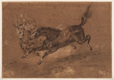 Cavalos a correr (anverso); Homem nu com barba, sentado (verso), c.1800-1899 (giz preto e branco (anverso), giz preto e branco e lavagem castanha (verso), sobre papel preparado castanho) de Ferdinand Victor Eugene (follower of) Delacroix