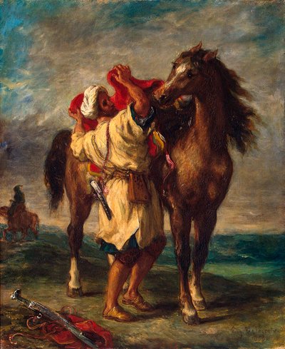 Um marroquino selando seu cavalo, 1855. de Ferdinand Victor Eugene Delacroix