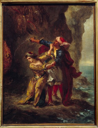 Noiva de Abydos. (A Noiva de Abydos) Ilustração do livro de George Gordon Byron conhecido como Lord Byron (1788-1824) "The Bride of Abydos", canção II Strophe XXIII. Pintura de Eugene Delacroix (1798-1863) de Ferdinand Victor Eugene Delacroix