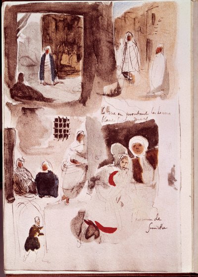Álbum do Norte de África e Espanha: Ruas, paredes e lojas com personagens em pé ou sentados, incluindo o homem de Smirne. Aquarela com tinta e caneta de Eugene Delacroix (1798-1863) 1832 Sun. 0,19x0,12 m Paris, musee du Louvre de Ferdinand Victor Eugene Delacroix