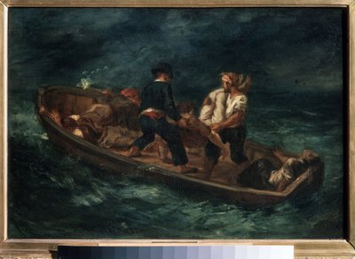 "Após um naufrágio (também conhecido como "Naufrágio Abandonado numa Canoa") Os sobreviventes de um naufrágio numa jangada. Pintura de Eugene Delacroix (1798-1863) 1847 Pushkin Museum of Fine Arts, Moscovo de Ferdinand Victor Eugene Delacroix