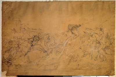 Desenho de Cena de Batalha em Papel de Salmão por Eugene Delacroix (1798-1863) Sol do século XIX. 0,30 X 0,45 m. Paris, Museu do Louvre de Ferdinand Victor Eugene Delacroix