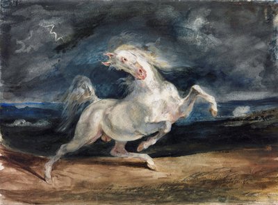 Cavalo assustado por um raio - Delacroix, Eugene (1798-1863) - 1825-1829 - Aguarela, Gouache sobre papel - 23,6x32 - Szepmuveszeti Muzeum, Budapeste de Ferdinand Victor Eugene Delacroix