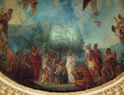 Descida a Limbes: o grupo dos ilustres: da esquerda para a direita, Demóstenes (sentado), Xenofonte, Platão e Sócrates, Aspasie (branco), Apelle, Alexandre o Grande, Aristóteles e Aquiles sentado. Pintura de Eugene Delacroix (1798-1863) decorando a cúpula de Ferdinand Victor Eugene Delacroix